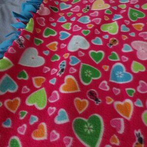 Colorful HEARTS on HOT PINK Handmade Fleece Blanket TRUE BLUE Back 48" x 52"
